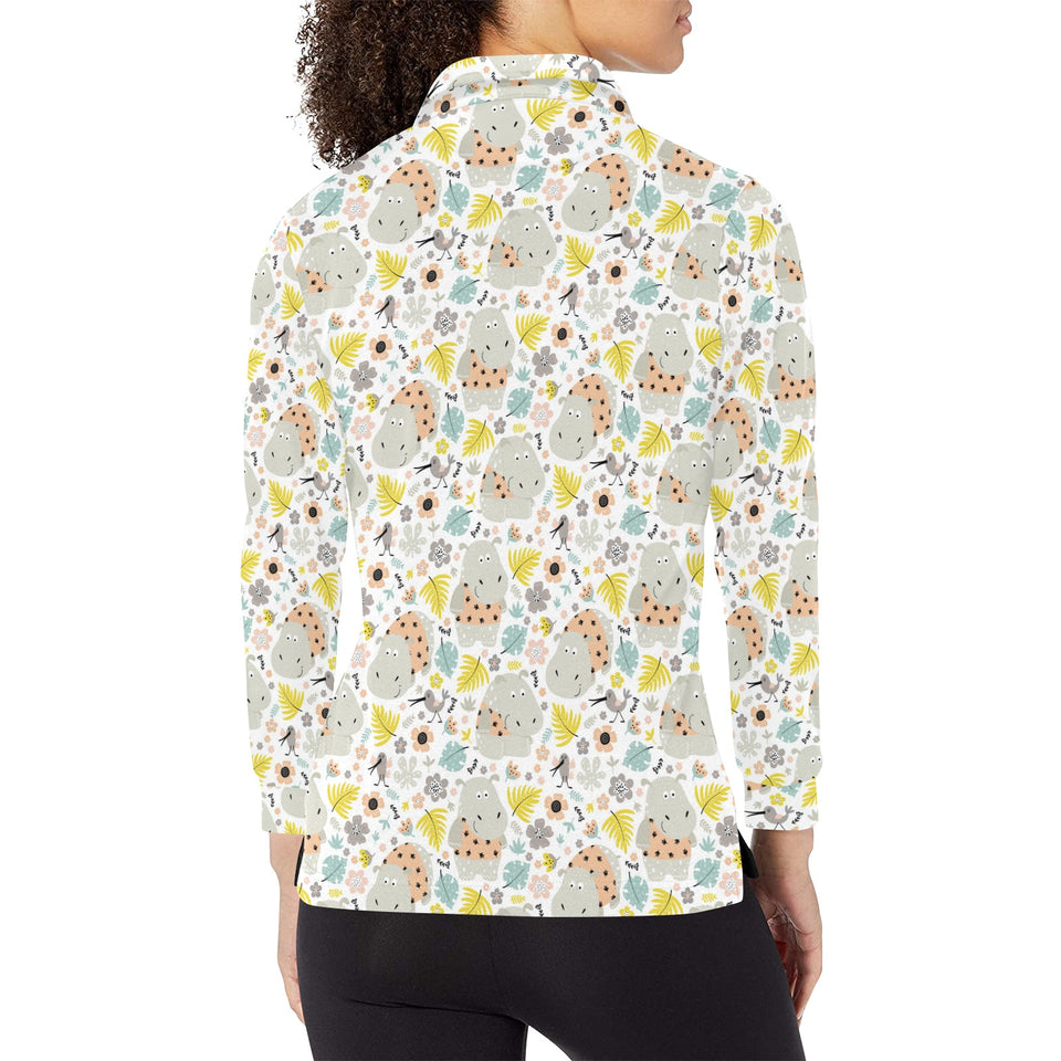 Hippopotamus Pattern Print Design 05 Women's Long Sleeve Polo Shirt