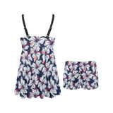 Hibiscus Pattern Print Design 02 Chest Sexy Pleated Two Piece Swim Dress