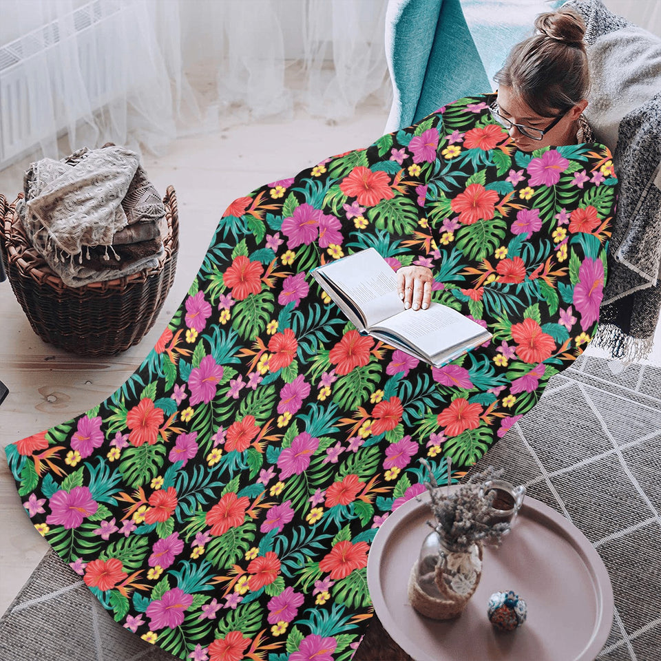 Hibiscus Pattern Print Design 01 Blanket Robe with Sleeves