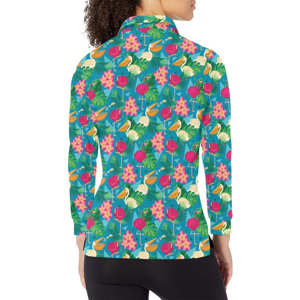 Pelican Pattern Print Design 03 Women's Long Sleeve Polo Shirt