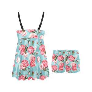 Rose Pattern Print Design 03 Chest Sexy Pleated Two Piece Swim Dress