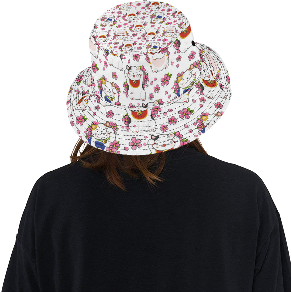 Meneki Neko Lucky Cat Sakura Flower Pattern Unisex Bucket Hat