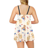 Teddy Bear Pattern Print Design 01 Chest Sexy Pleated Two Piece Swim Dress