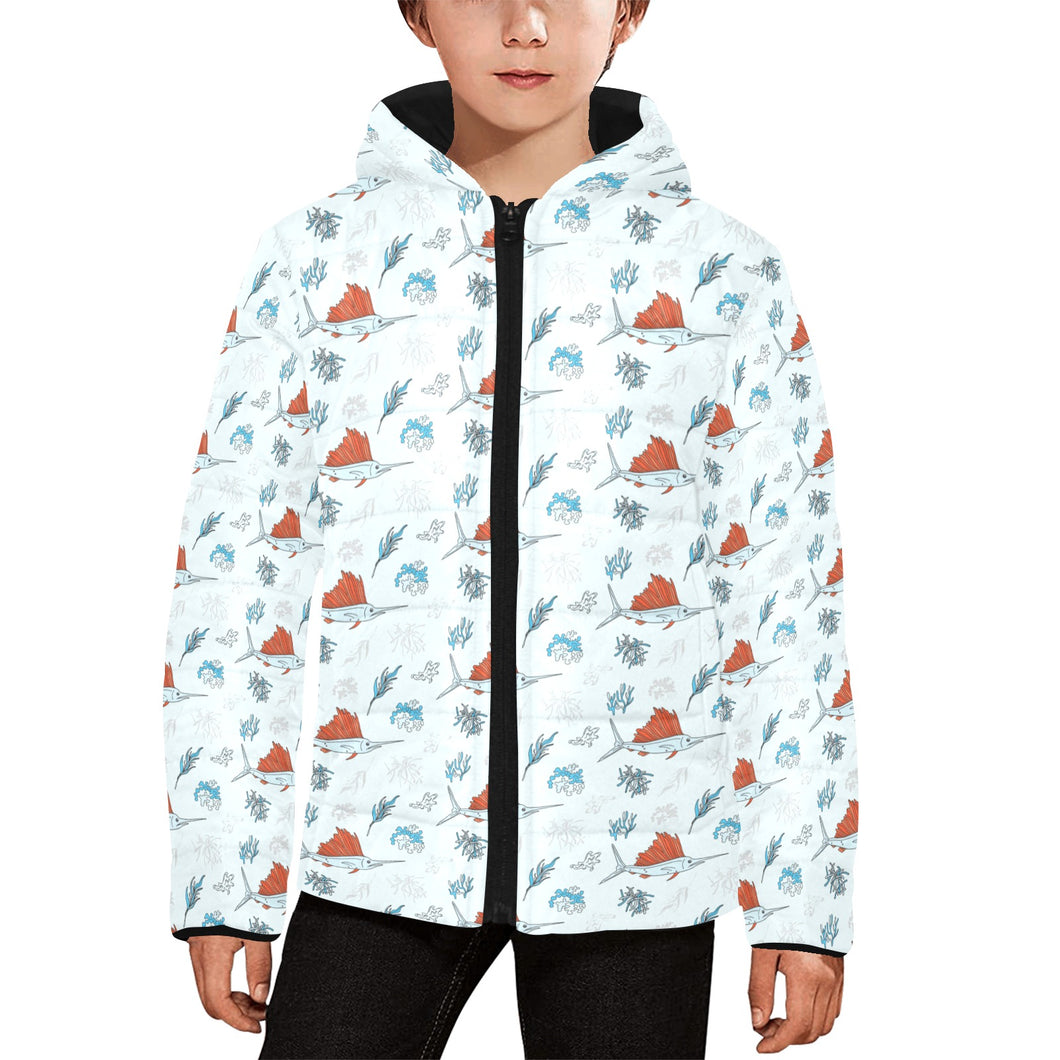 Swordfish Pattern Print Design 03 Kids' Boys' Girls' Padded Hooded Jacket