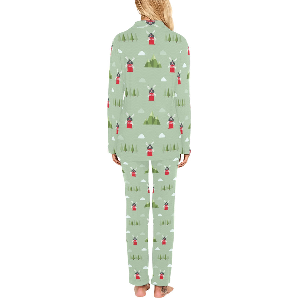 Windmill Green Pattern Women's Long Pajama Set