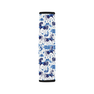 Horse Flower Blue Theme Pattern Car Seat Belt Cover