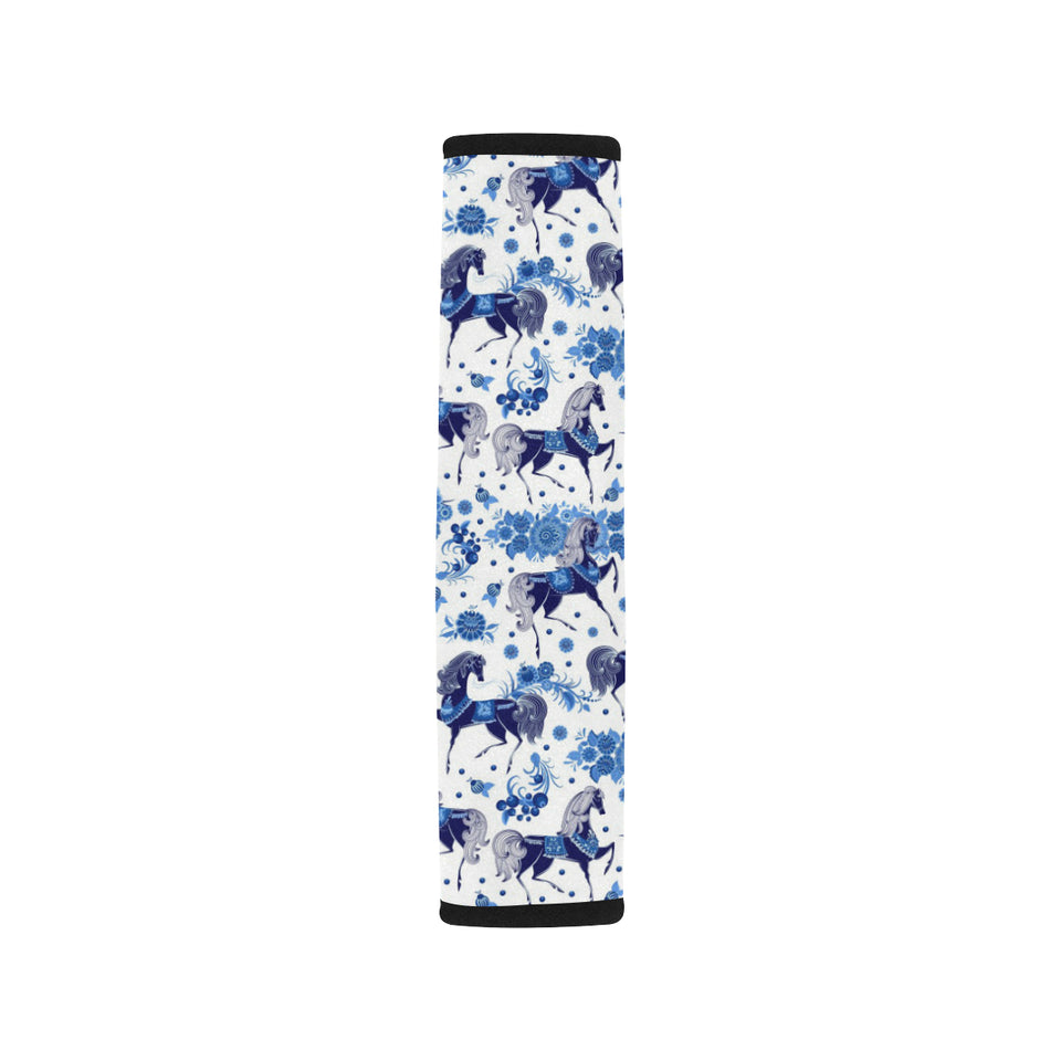 Horse Flower Blue Theme Pattern Car Seat Belt Cover