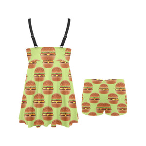 Hamburger Pattern Print Design 02 Chest Sexy Pleated Two Piece Swim Dress