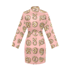 Pretzels Pattern Print Design 04 Women's Long Sleeve Belted Night Robe