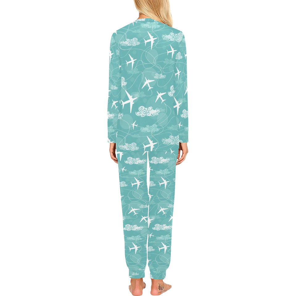 Airplane Cloud Pattern Green Background Women's All Over Print Pajama Set