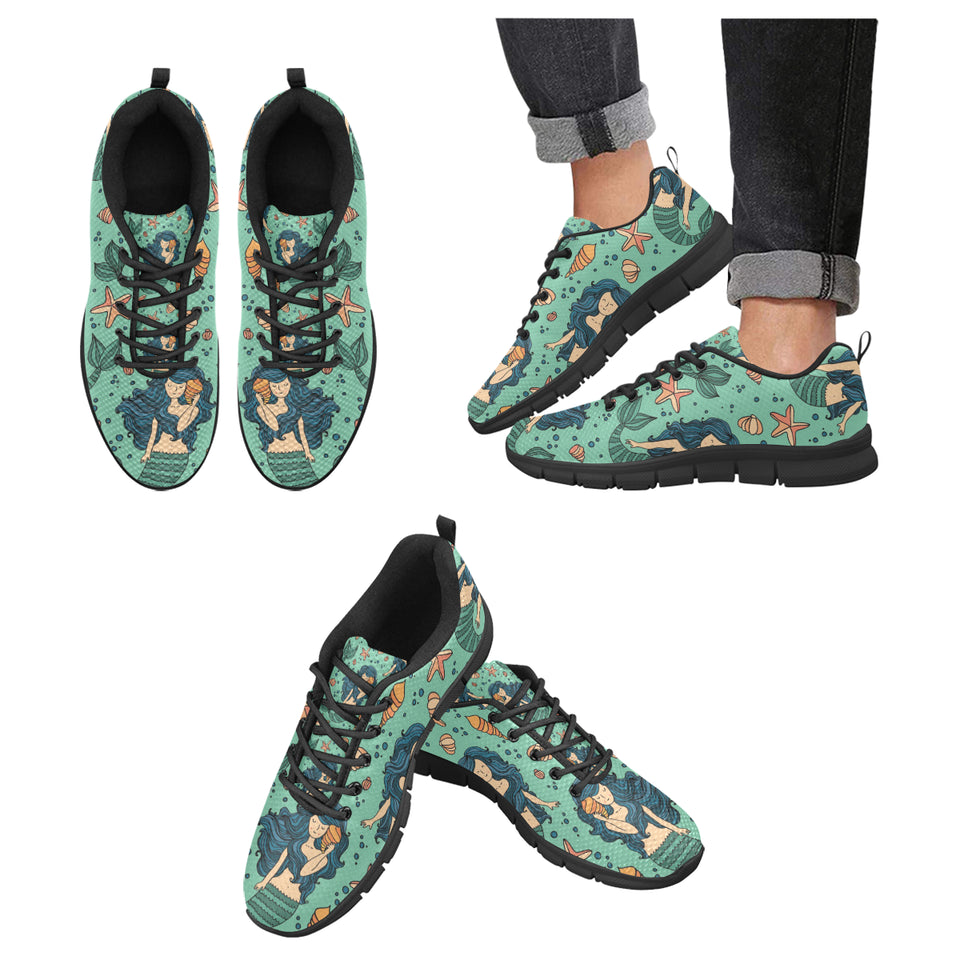 Mermaid Pattern Green Background Men's Sneakers Black