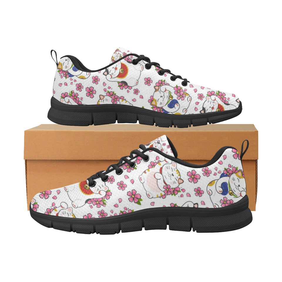 Meneki Neko Lucky Cat Sakura Flower Pattern Men's Sneakers Black