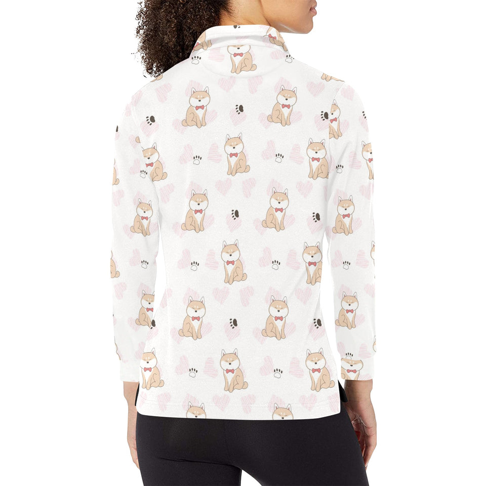 Cute Shiba Inu Heart Pattern Women's Long Sleeve Polo Shirt