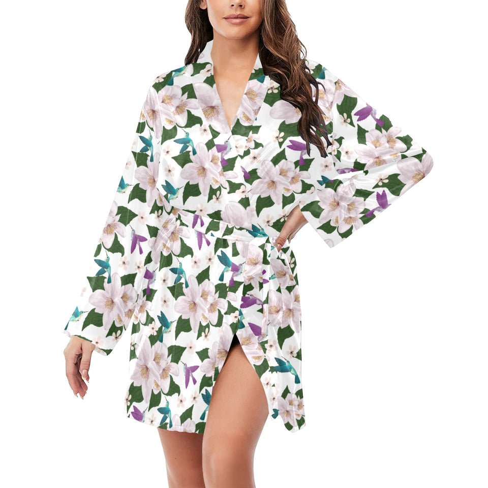 Hummingbird Pattern Print Design 01 Women's Long Sleeve Belted Night Robe