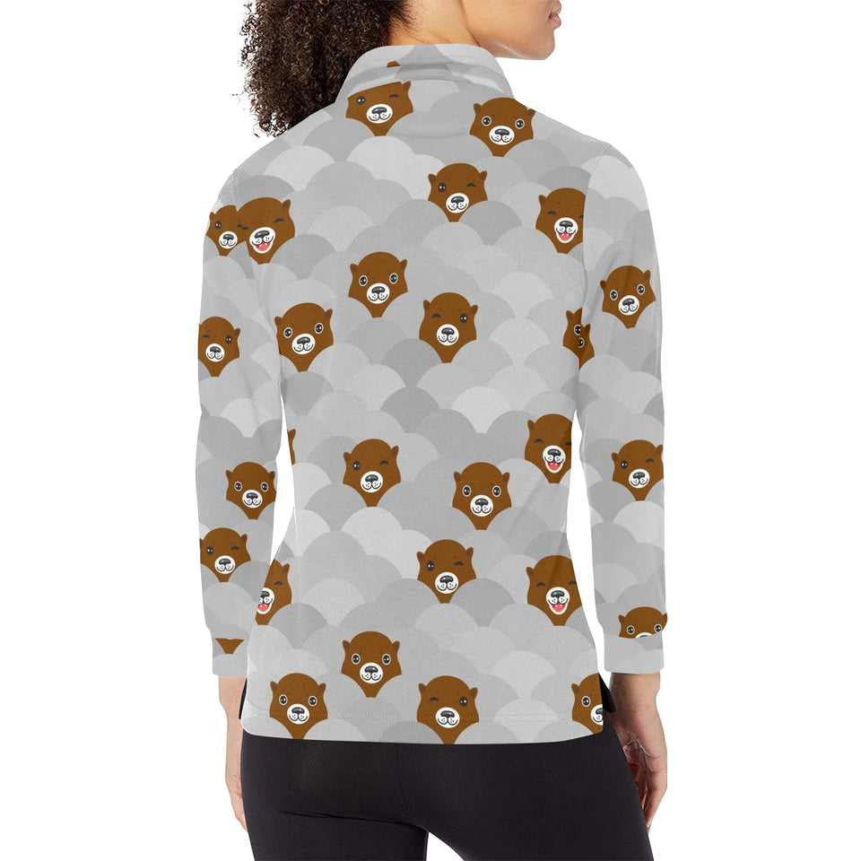 Cute Otter Pattern Women's Long Sleeve Polo Shirt