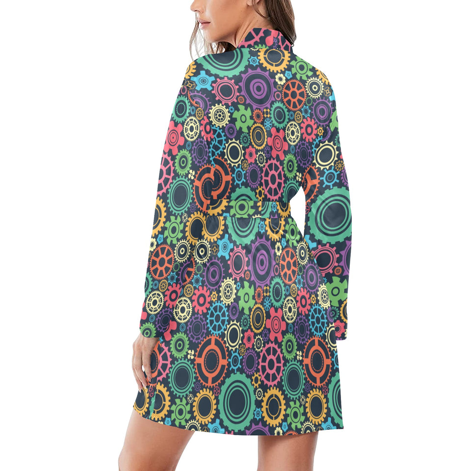 Gear Pattern Print Design 02 Women's Long Sleeve Belted Night Robe