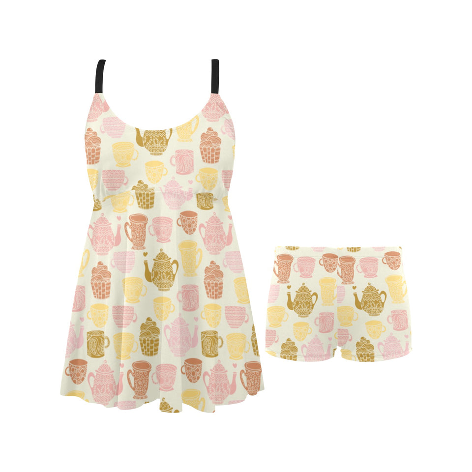 Tea pots Pattern Print Design 02 Chest Sexy Pleated Two Piece Swim Dress