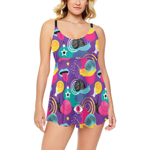 Snail Pattern Print Design 02 Chest Sexy Pleated Two Piece Swim Dress