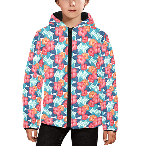 Hibiscus Pattern Print Design 05 Kids' Boys' Girls' Padded Hooded Jacket