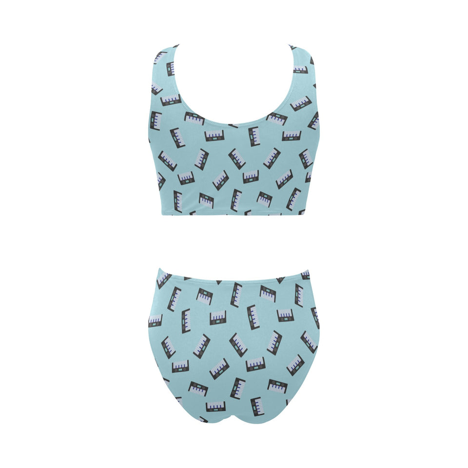 Piano Pattern Print Design 05 Chest Bowknot High Waisted Bikini Swimsuit