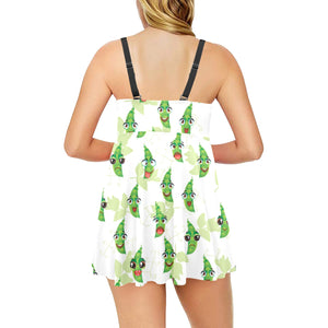 Green Peas Pattern Print Design 04 Chest Sexy Pleated Two Piece Swim Dress