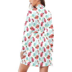 Ladybug Pattern Print Design 03 Women's Long Sleeve Belted Night Robe