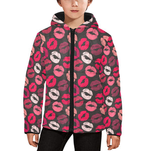 Lips Pattern Print Design 02 Kids' Boys' Girls' Padded Hooded Jacket