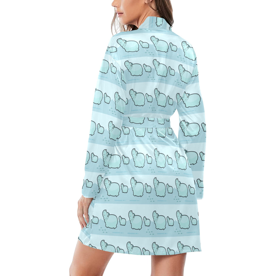 Hippopotamus Pattern Print Design 02 Women's Long Sleeve Belted Night Robe