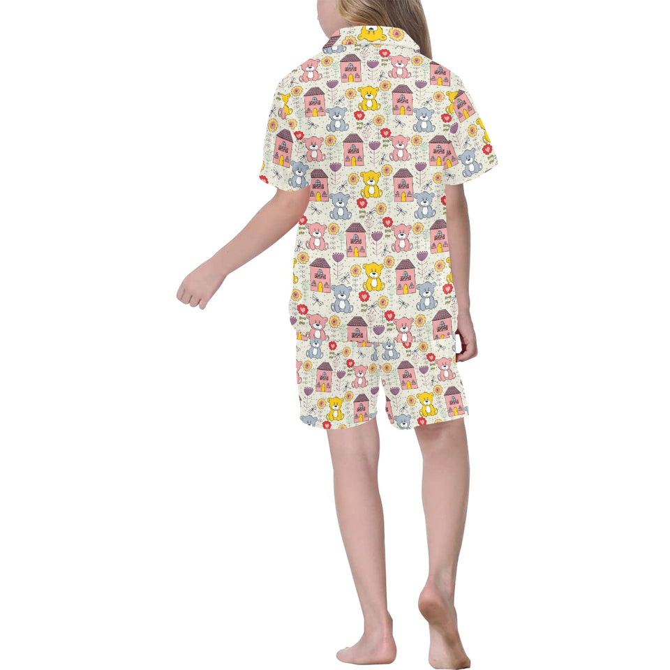 Teddy Bear Pattern Print Design 04 Kids' Boys' Girls' V-Neck Short Pajama Set