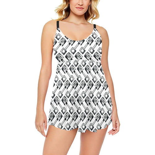 Engine Piston Pattern Print Design 03 Chest Sexy Pleated Two Piece Swim Dress