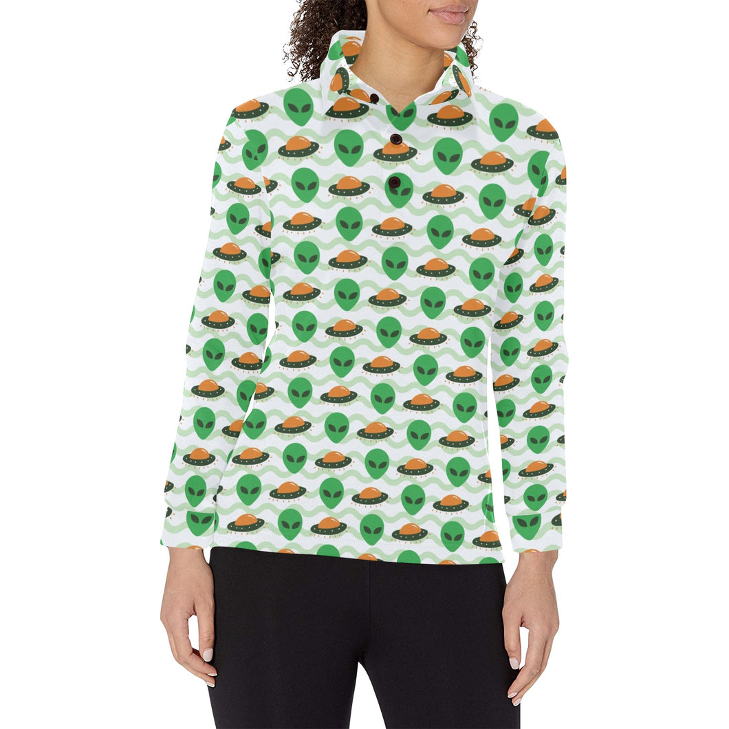 Alien Pattern Print Design 02 Women's Long Sleeve Polo Shirt