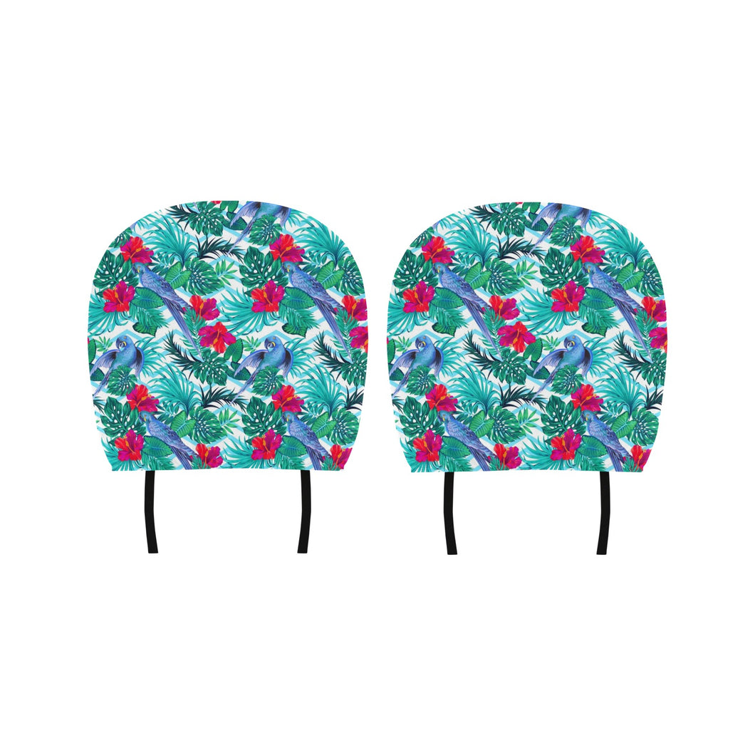 Blue Parrot Hibiscus Pattern Car Headrest Cover