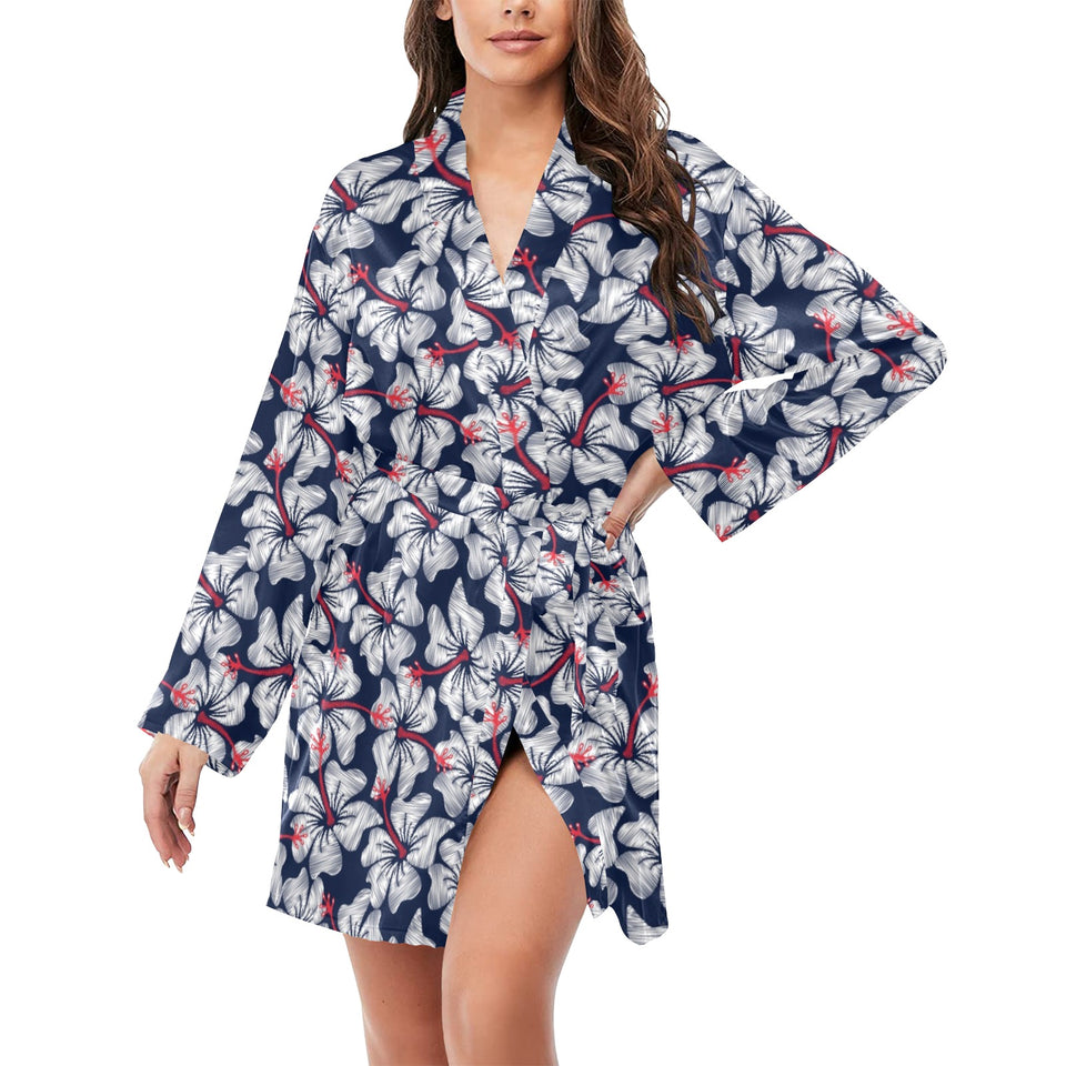 Hibiscus Pattern Print Design 02 Women's Long Sleeve Belted Night Robe