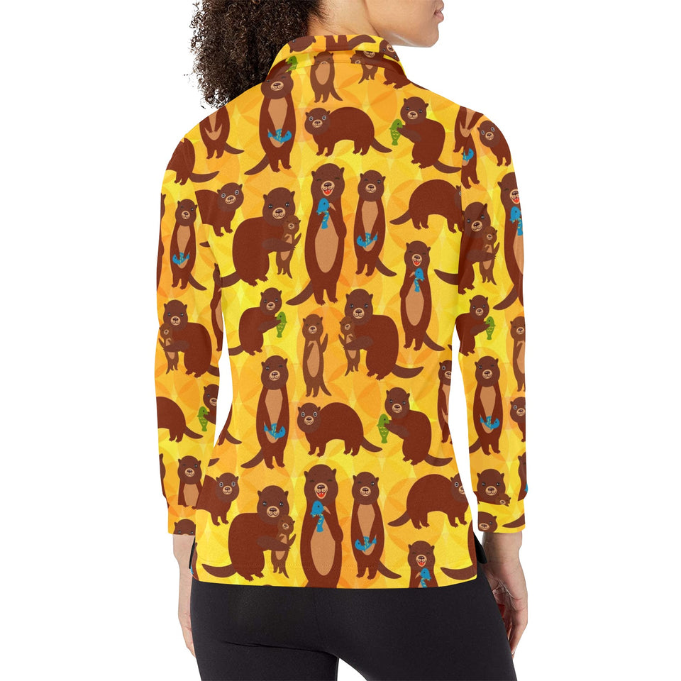 Otter Pattern Women's Long Sleeve Polo Shirt