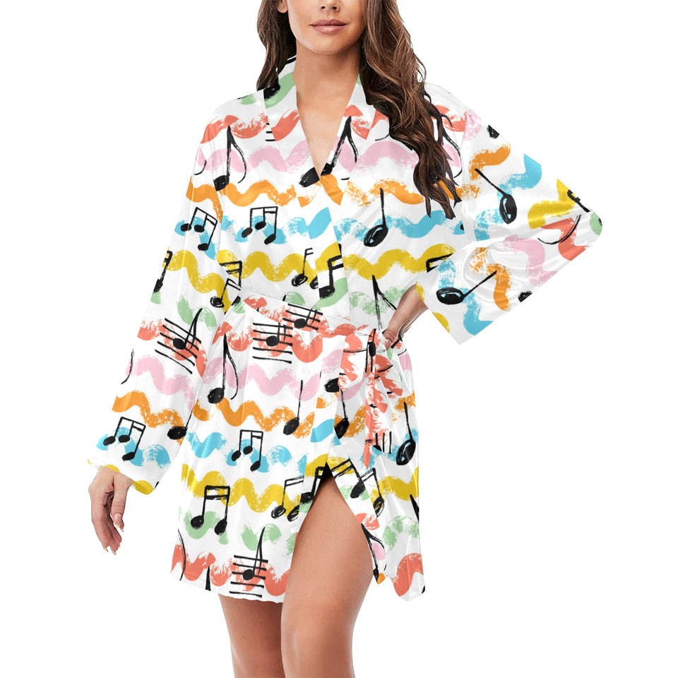 Music Notes Pattern Print Design 01 Women's Long Sleeve Belted Night Robe