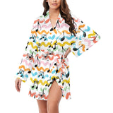 Music Notes Pattern Print Design 01 Women's Long Sleeve Belted Night Robe