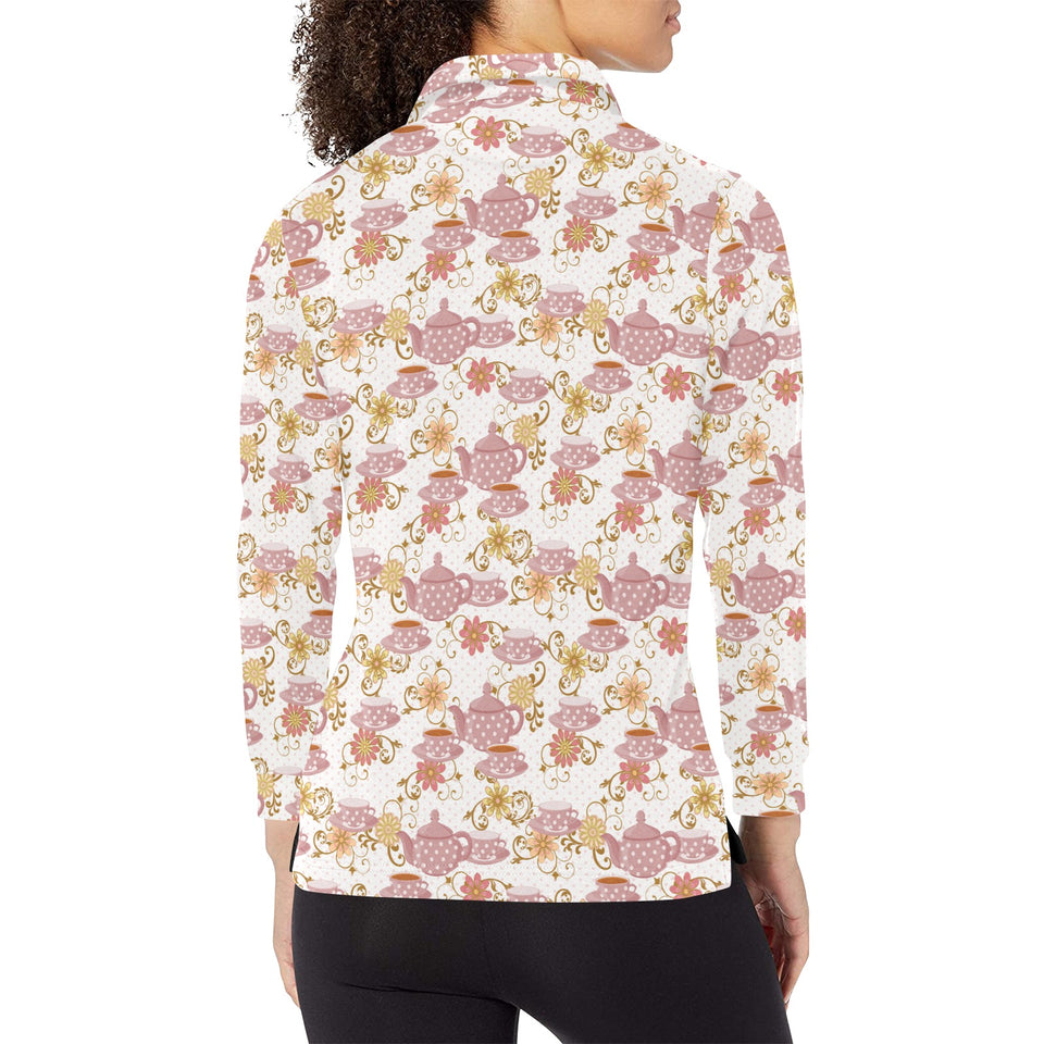 Tea pots Pattern Print Design 01 Women's Long Sleeve Polo Shirt