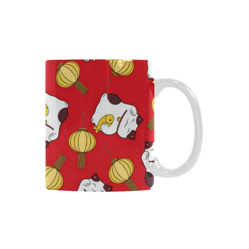 Meneki Neko Lucky Cat Pattern Red Theme Classical White Mug (FulFilled In US)