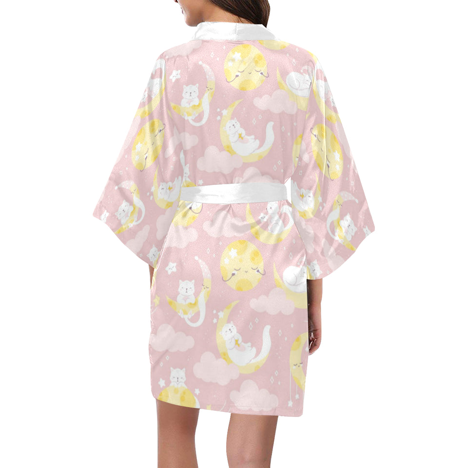 Moon Sleeping Cat Pattern Women's Short Kimono Robe