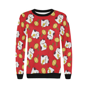Meneki Neko Lucky Cat Pattern Red Theme Women's Crew Neck Sweatshirt