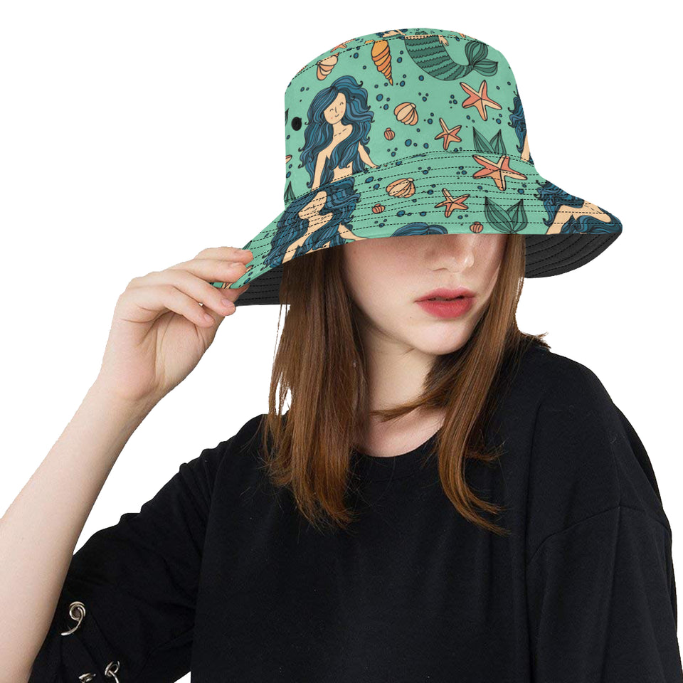 Mermaid Pattern Green Background Unisex Bucket Hat