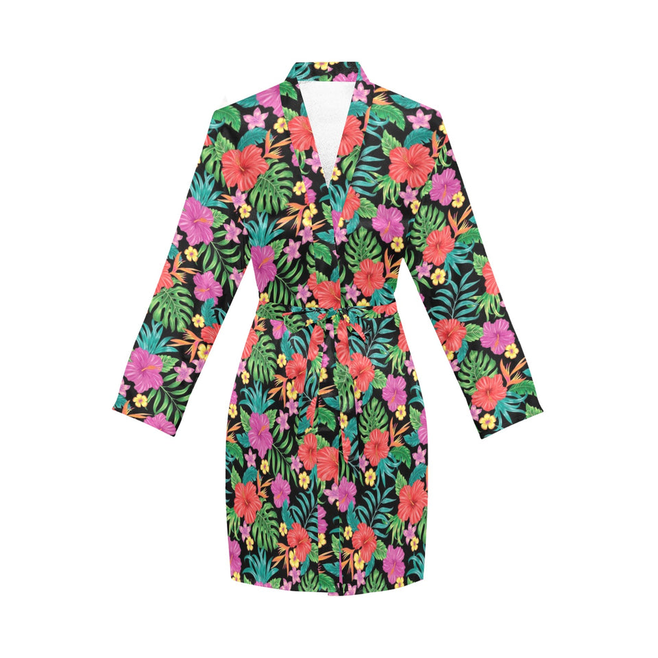 Hibiscus Pattern Print Design 01 Women's Long Sleeve Belted Night Robe