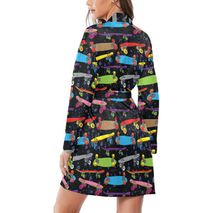 Skate Board Pattern Print Design 03 Women's Long Sleeve Belted Night Robe