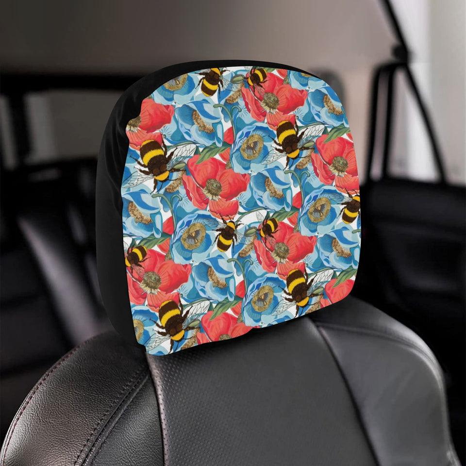 Bee Red and Blue Hibiscus Pattern Car Headrest Cover