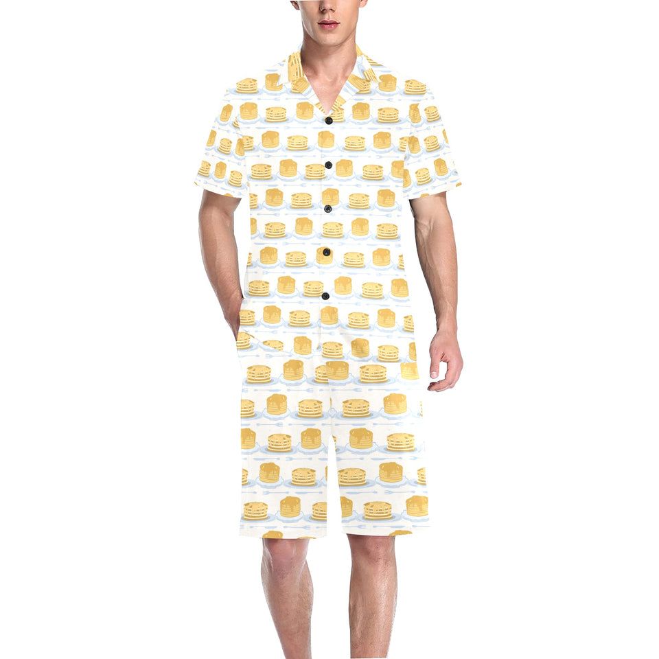 Pancake Pattern Print Design 01 Men's V-Neck Short Pajama Set