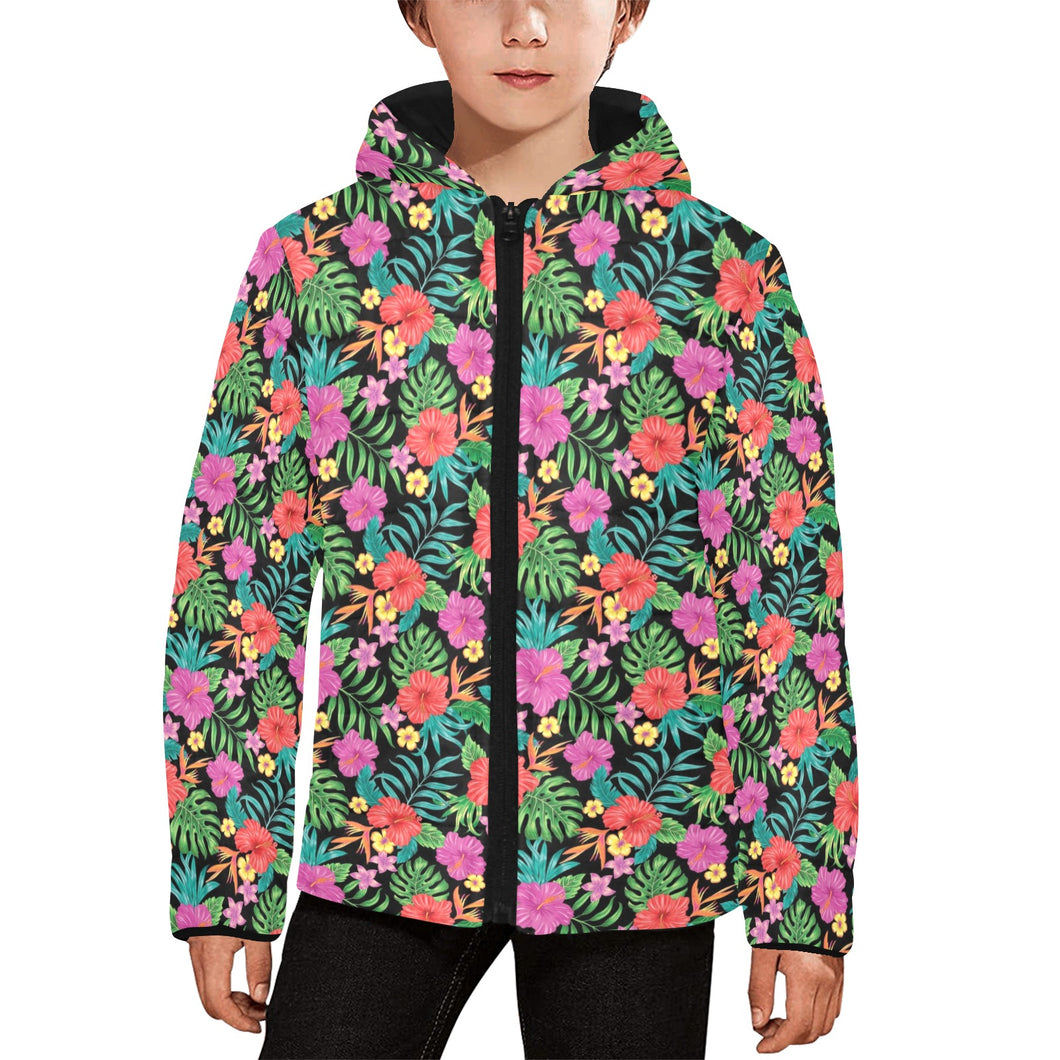 Hibiscus Pattern Print Design 01 Kids' Boys' Girls' Padded Hooded Jacket