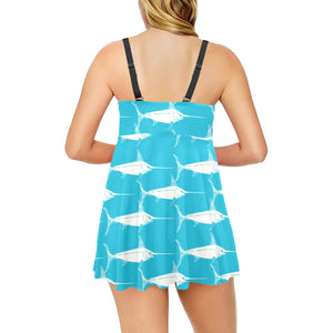 Swordfish Pattern Print Design 02 Chest Sexy Pleated Two Piece Swim Dress