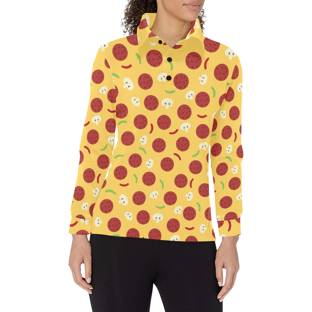 Pizza Salami Mushroom Texture Pattern Women's Long Sleeve Polo Shirt