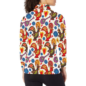 Colorful Rooster Chicken Guitar Pattern Women's Long Sleeve Polo Shirt