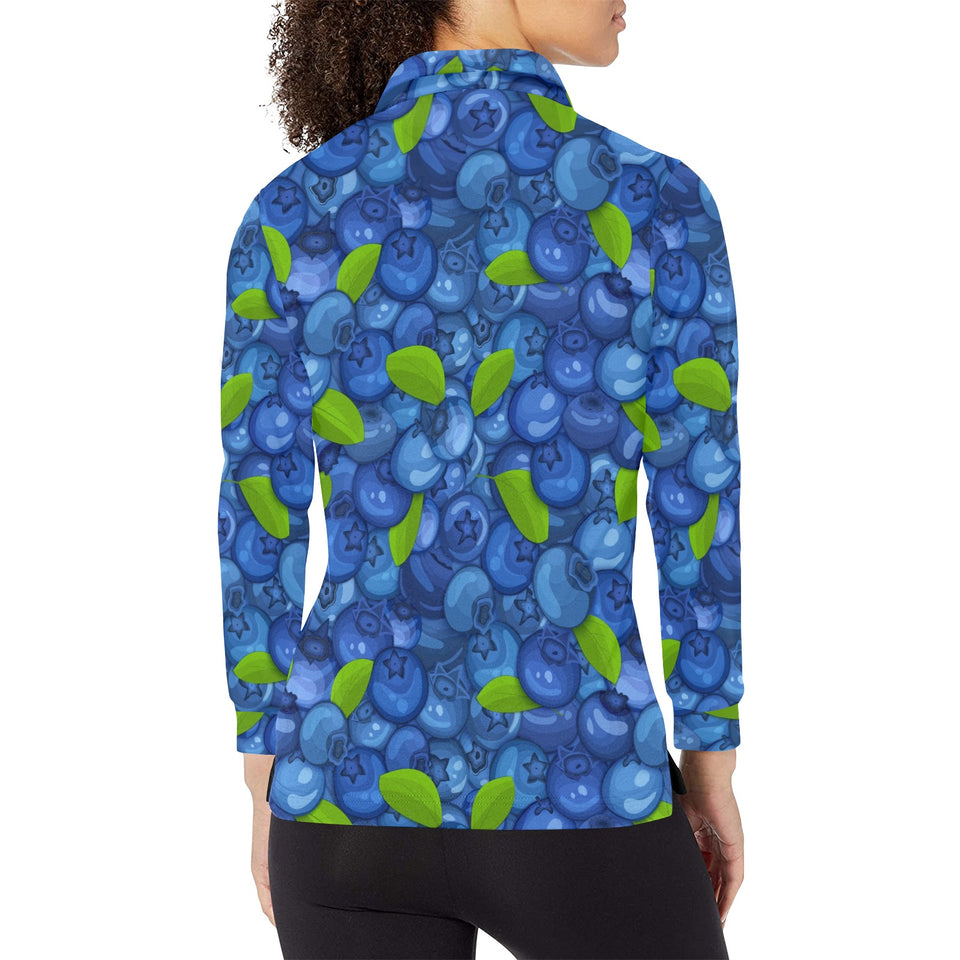 Blueberry Pattern Background Women's Long Sleeve Polo Shirt